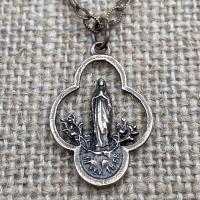 Bronze Our Lady of Lourdes Pendant Necklace, French Antique Replica, Mary Medal, Immaculate Conception, Saint Bernadette, Quatrefoil Shape