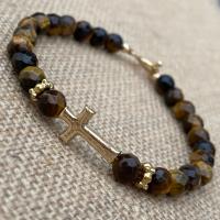 Faceted Yellow Tigereye Gemstone Bracelet with a Sideways Antique Replica Gold Cross and Beads Gold Bronze 7 and 1/4 inch long Toggle Clasp