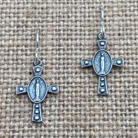 Sterling Silver Miraculous Medal Cross Earrings, Antique Replicas, French Hooks, Dangling Cross Earrings, Blessed Virgin Mary, Mother of God
