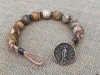 Bronze Our Lady of Guadalupe Bracelet, Leather Rosary Bracelet, Picture Jasper Gemstones, Antique Replica Medal, Nuestra Señora de Guadalupe