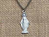 Sterling Silver Miraculous Medal Pendant Necklace, Antique Replica, Figural Blessed Virgin Mary Pendant, Our Lady of the Miracle Miracles