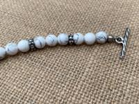 Sterling Silver Sideways Cross on a White Howlite Gemstone Beaded Bracelet, Antique Replica Cross & Textured Beads, Toggle Clasp Bracelet