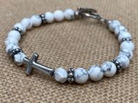 Sterling Silver Sideways Cross on a White Howlite Gemstone Beaded Bracelet, Antique Replica Cross & Textured Beads, Toggle Clasp Bracelet