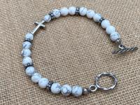 Sterling Silver Sideways Cross on a White Howlite Gemstone Beaded Bracelet, Antique Replica Cross & Textured Beads, Toggle Clasp Bracelet