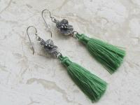 Sterling Silver Flower with Tassels Earrings, Hot Pink or Green Silky Fringe, Eye Catching, Lightweight, French Hooks, Nylon Dangling Tassel