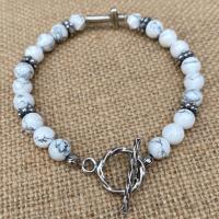 Sterling Silver Sideways Cross on a White Howlite Gemstone Beaded Bracelet, Antique Replica Cross & Textured Beads, Toggle Clasp Bracelet