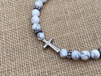 Sterling Silver Sideways Cross on a White Howlite Gemstone Beaded Bracelet, Antique Replica Cross & Textured Beads, Toggle Clasp Bracelet