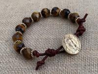 Gold Our Lady of Guadalupe Leather Bracelet, Yellow Tigereye Beads, Antique Replica Medal, Nuestra Señora de Guadalupe, Virgin of Guadalupe