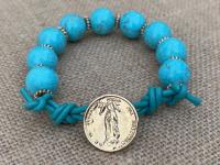 Our Lady of Guadalupe Gold & Leather Bracelet with Turquoise Howlite Gemstones and Button Closure Mexico Marian Antique Replica Mary Bronze