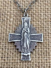 Sterling Silver Radiant Mary Cross Medal Pendant, Antique Replica, Adjustable Length Necklace, Blessed Virgin Mary, Our Lady of Guadalupe