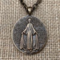 Bronze Large French Miraculous Medal Pendant, Antique Replica, Immaculate Conception Necklace, Our Lady of Miracles Medallion, MM1