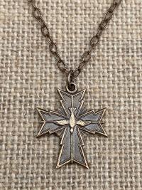 Bronze Holy Spirit Dove Cross Medal Pendant Necklace, Antique Replica, Cross with a Holy Spirit Dove at the center, Descending Dove Necklace