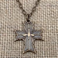 Bronze Holy Spirit Dove Cross Medal Pendant Necklace, Antique Replica, Cross with a Holy Spirit Dove at the center, Descending Dove Necklace