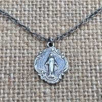 Sterling Silver Small Miraculous Medal, Antique Replica, Pendant Necklace, Blessed Virgin Mary, Our Lady of Lourdes, Our Lady Miracle, MM3