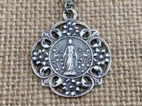 Sterling Silver Mary in a Flower Garden Our Lady of Grace Lourdes Antique Replica Medal Necklace Marian Holy Virgin Mother Fatima, Catholic