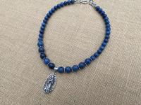 Sterling Silver Our Lady of Guadalupe Pendant, Antique Replica Medal, Grade AAA Dumortierite Gemstone Necklace, Nuestra Señora de Guadalupe