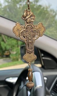 Bronze Rearview Mirror Our Lady of Guadalupe Cross, Religious Car Accessory, Castilian Rose, Cross to hang from Mirror, Antique Replica