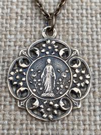 Bronze Blessed Virgin Mary Medal Pendant Necklace, In a Flower Garden, French Antique Replica, Our Lady of Lourdes, 19th Anniversary Gift