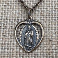 Bronze Our Lady of Guadalupe Medal Pendant Necklace, Antique Replica from Mexico, Heart Pendant, Blessed Virgin Mary, Virgin of Guadalupe