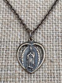 Bronze Our Lady of Guadalupe Medal Pendant Necklace, Antique Replica from Mexico, Heart Pendant, Blessed Virgin Mary, Virgin of Guadalupe