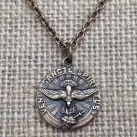 Bronze Dove Holy Spirit Medal Pendant Necklace, Antique Replica, Come Holy Ghost Pendant, Sacred Heart of Jesus, Veni Sancte Spiritus VSS-1