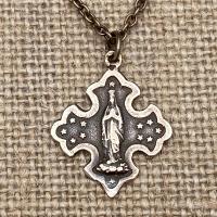 Bronze Crowned Mary with 12 Stars Medal Pendant and Necklace, Our Lady of Lourdes, French Antique Replica, Immaculate Conception, Immaculata
