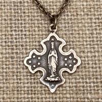 Bronze Crowned Mary with 12 Stars Medal Pendant and Necklace, Our Lady of Lourdes, French Antique Replica, Immaculate Conception, Immaculata