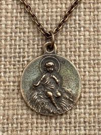 Bronze Baby Jesus in the Manger Nativity Pendant, Antique Replica Medal, Religious Christmas Necklace, Religious Christmas Jewelry