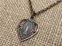 Bronze Our Lady of Lourdes Heart Medal Pendant Necklace, Antique Replica, Blessed Virgin Mary, Our Lady of Grace, Immaculate Conception