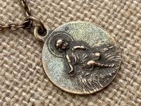 Bronze Baby Jesus in the Manger Nativity Pendant, Antique Replica Medal, Religious Christmas Necklace, Religious Christmas Jewelry