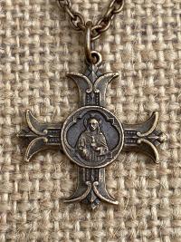 Bronze Sacred Heart of Jesus Cross Pendant Necklace, Antique Replica Medal, Sacre Coeur de Jesus, Apostolat du Coeur de Jesus, 18 inch Chain