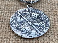 Sterling Silver St. Saint Christopher Medal on Wheat Chain Necklace, Antique Replica, Patron Saint of Travelers, Saint of Safe Travels