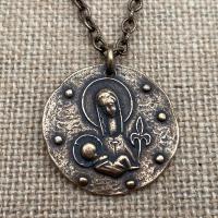 Bronze Virgin Mary & Baby Jesus, Antique Replica, Large Medal Pendant Necklace, Fleur de Lis, Our Lady, Holy Mother, Ellie Elie Pellegrin