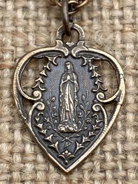 Bronze Our Lady of Lourdes Heart Medal Pendant Necklace, Antique Replica, Blessed Virgin Mary, Our Lady of Grace, Immaculate Conception