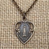 Bronze Our Lady of Lourdes Heart Medal Pendant Necklace, Antique Replica, Blessed Virgin Mary, Our Lady of Grace, Immaculate Conception