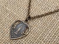 Bronze Our Lady of Lourdes Heart Medal Pendant Necklace, Antique Replica, Blessed Virgin Mary, Our Lady of Grace, Immaculate Conception