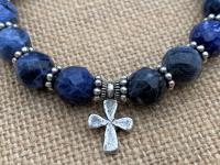 Sterling Silver Our Lady of Guadalupe Bracelet, Denim Blue Sodalite Gemstones, Antique Replica Medal, Button Closure, Dangling Cross Charm