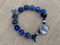 Sterling Silver Our Lady of Guadalupe Bracelet, Denim Blue Sodalite Gemstones, Antique Replica Medal, Button Closure, Dangling Cross Charm