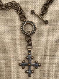 Bronze Old Coptic Trinity Cross Pendant Necklace, Antique Replica, Front Toggle Clasp, Unusual Cross Necklace, Boho Chic Christian Necklace