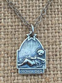 Sterling Silver Gloria Deo Medal, Baby Jesus in Manger Pendant, Antique Replica, Religious Christmas Necklace, Religious Christmas Jewelry