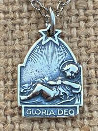 Sterling Silver Gloria Deo Medal, Baby Jesus in Manger Pendant, Antique Replica, Religious Christmas Necklace, Religious Christmas Jewelry