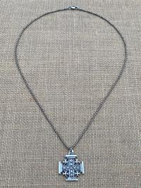 Sterling Silver Jerusalem Cross Pendant Necklace, Antique Replica Medal, Five-Fold Cross, Five Wounds of Christ Cross, Cross-and-Crosslets