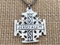 Sterling Silver Jerusalem Cross Pendant Necklace, Antique Replica Medal, Five-Fold Cross, Five Wounds of Christ Cross, Cross-and-Crosslets