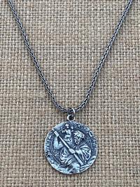 Sterling Silver St. Saint Christopher Medal on Wheat Chain Necklace, Antique Replica, Patron Saint of Travelers, Saint of Safe Travels