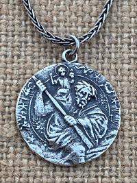 Sterling Silver St. Saint Christopher Medal on Wheat Chain Necklace, Antique Replica, Patron Saint of Travelers, Saint of Safe Travels