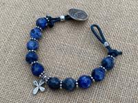 Sterling Silver Our Lady of Guadalupe Bracelet, Denim Blue Sodalite Gemstones, Antique Replica Medal, Button Closure, Dangling Cross Charm