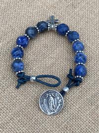 Sterling Silver Our Lady of Guadalupe Bracelet, Denim Blue Sodalite Gemstones, Antique Replica Medal, Button Closure, Dangling Cross Charm