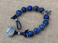 Sterling Silver Our Lady of Guadalupe Bracelet, Denim Blue Sodalite Gemstones, Antique Replica Medal, Button Closure, Dangling Cross Charm