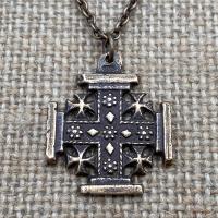Bronze Jerusalem Cross Pendant Necklace, Crusader's Cross, Five Wounds of Christ Cross, Cross-and-Crosslets, Heraldic Cross, Holy Sepulchre