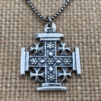 Sterling Silver Jerusalem Cross Pendant Necklace, Antique Replica Medal, Five-Fold Cross, Five Wounds of Christ Cross, Cross-and-Crosslets